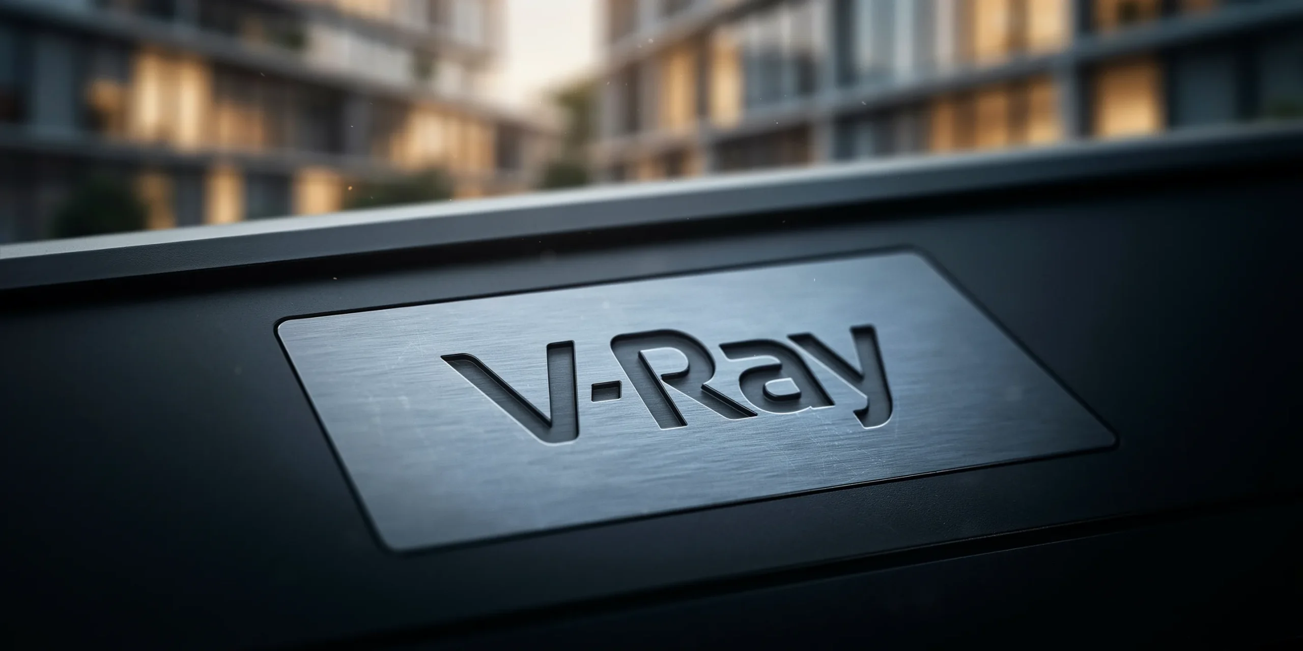 V-Ray logo on a rendering interface showcasing architectural design