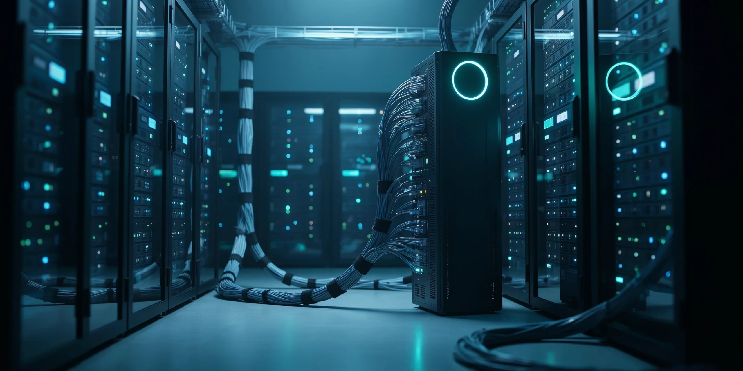 Illustration of a network of computers in a render farm setup.