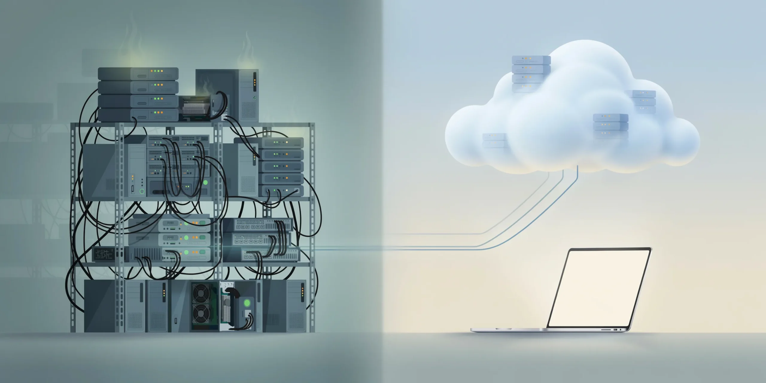 Conceptual illustration comparing local render farms and cloud rendering.