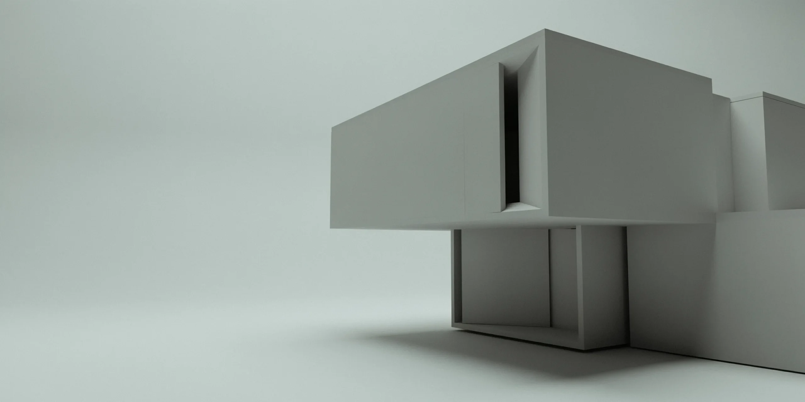 Close-up of a white model render showcasing an architectural design in neutral grey.