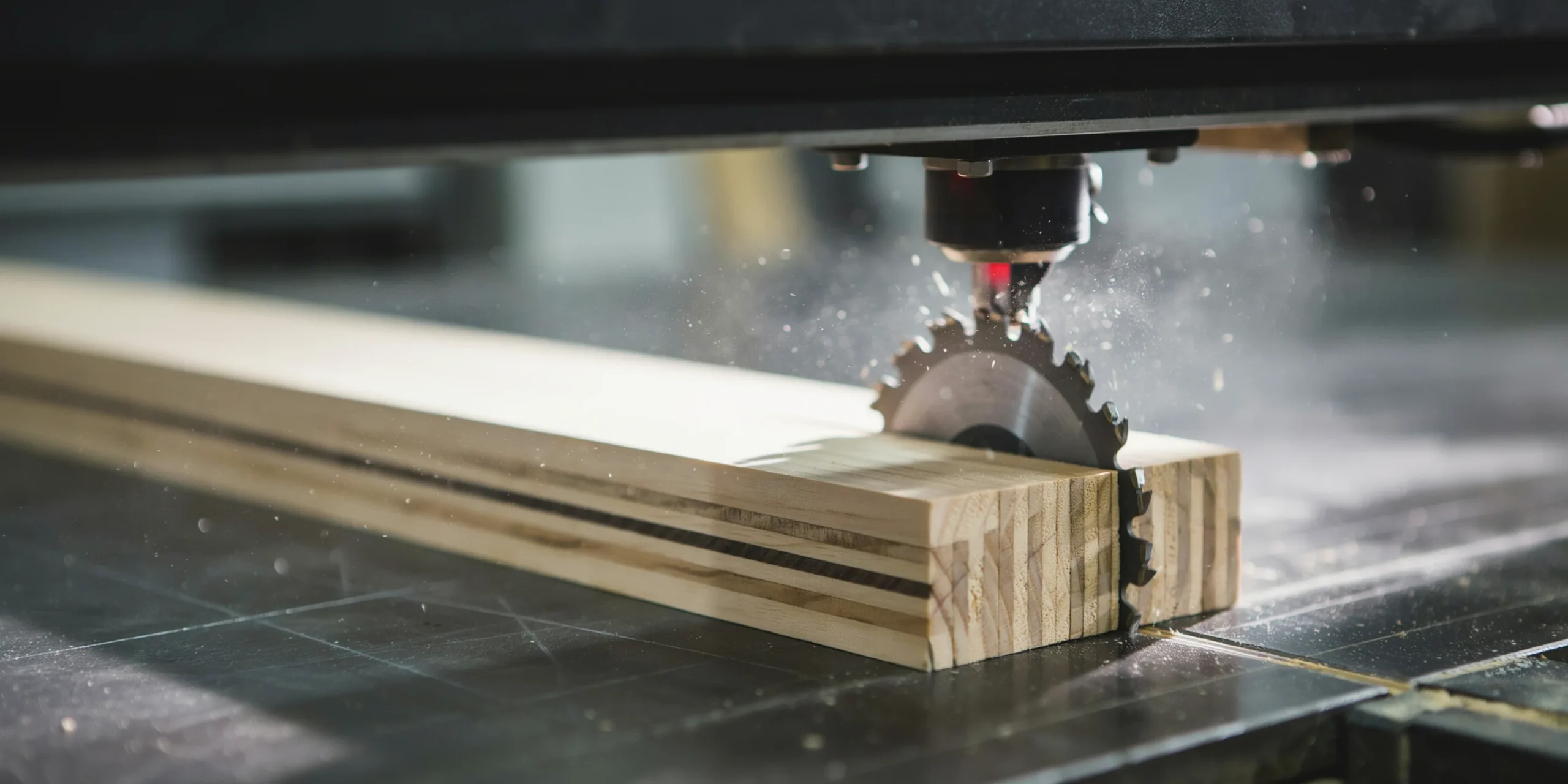 Macro shot of CNC-cut Cross-Laminated Timber panel showcasing precision and clean edges