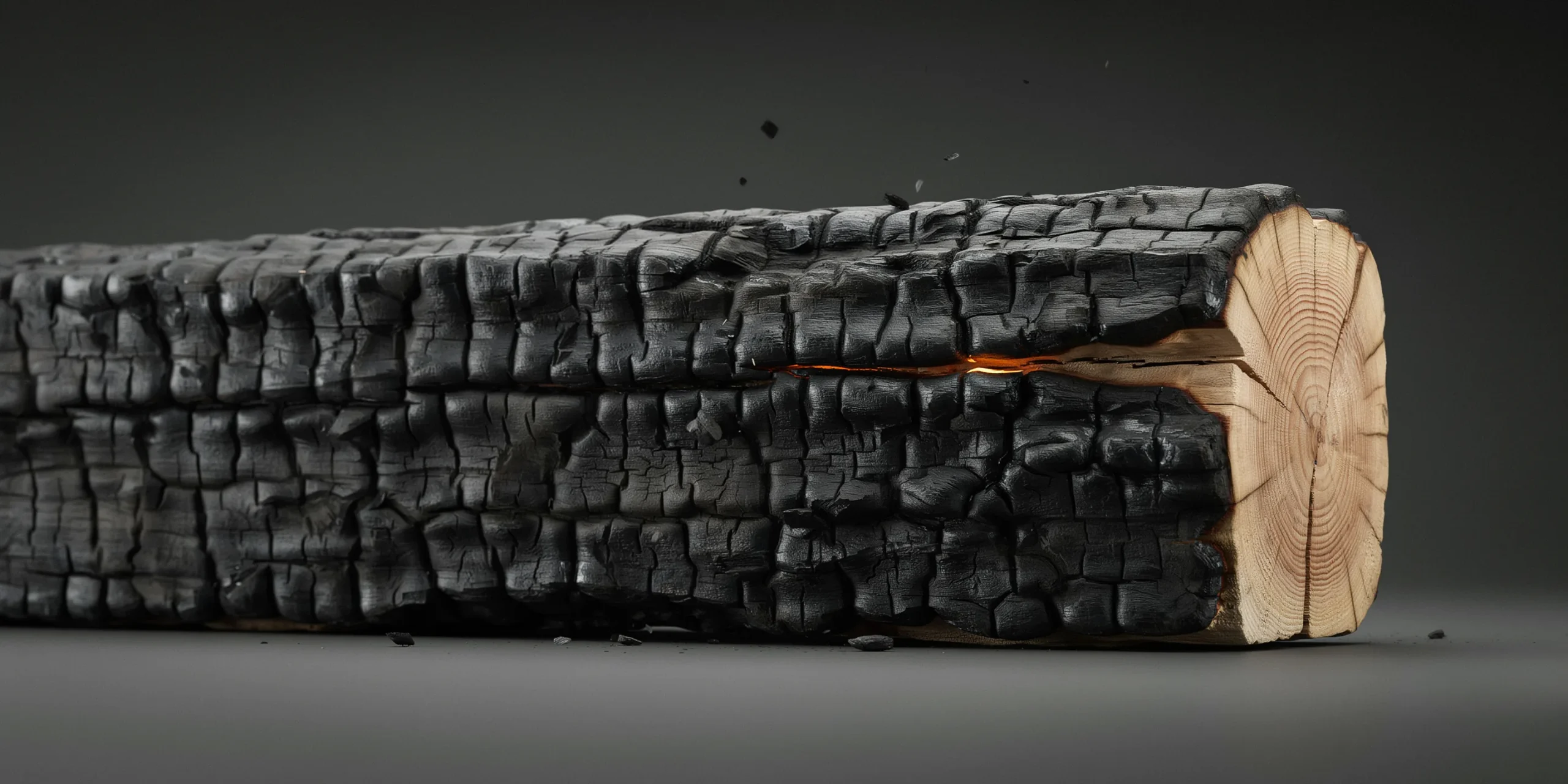Close-up of charred timber beam illustrating fire resistance and texture