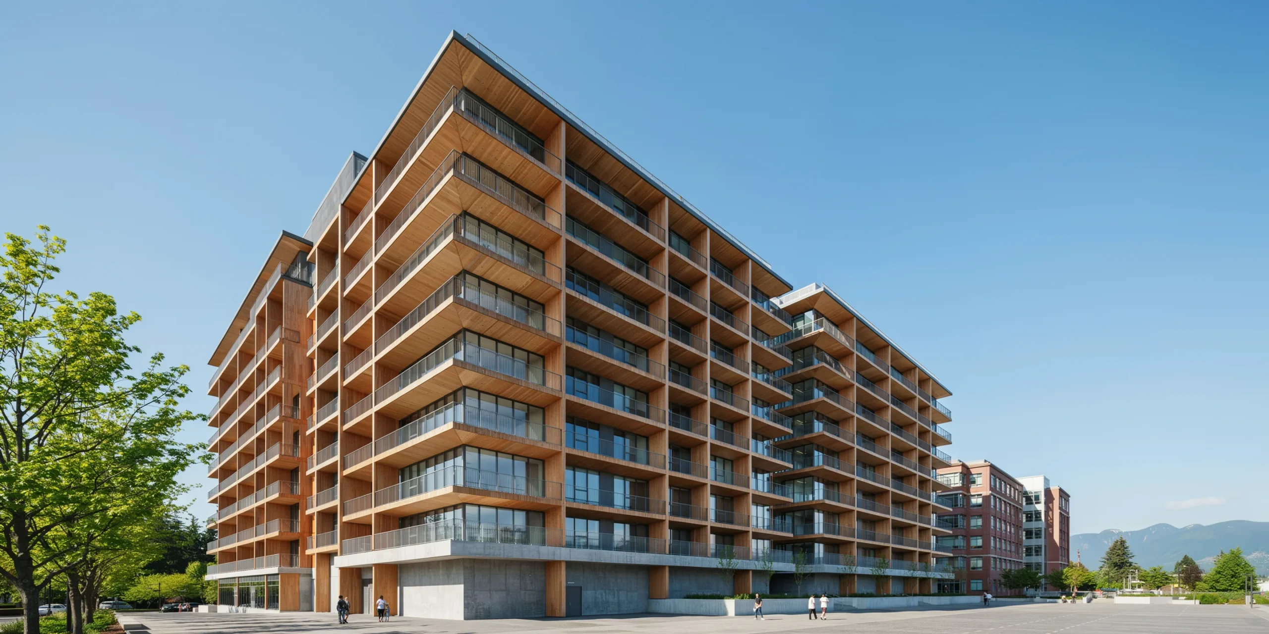 View of Brock Commons Tallhouse showcasing its 18-story timber structure and design