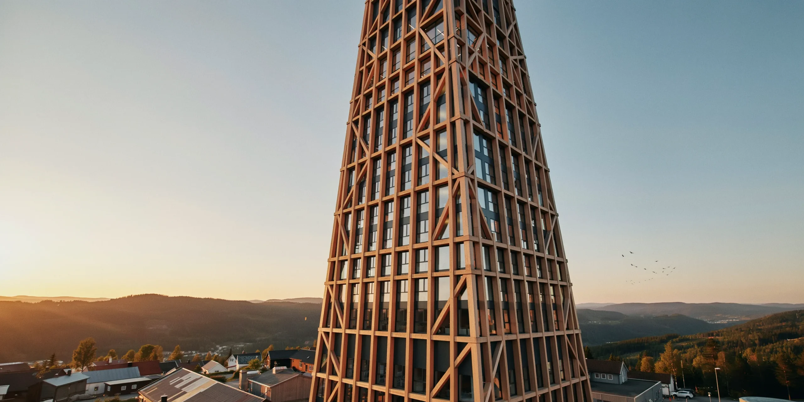 Dramatic angle of Mjøstårnet highlighting its height and glulam structure