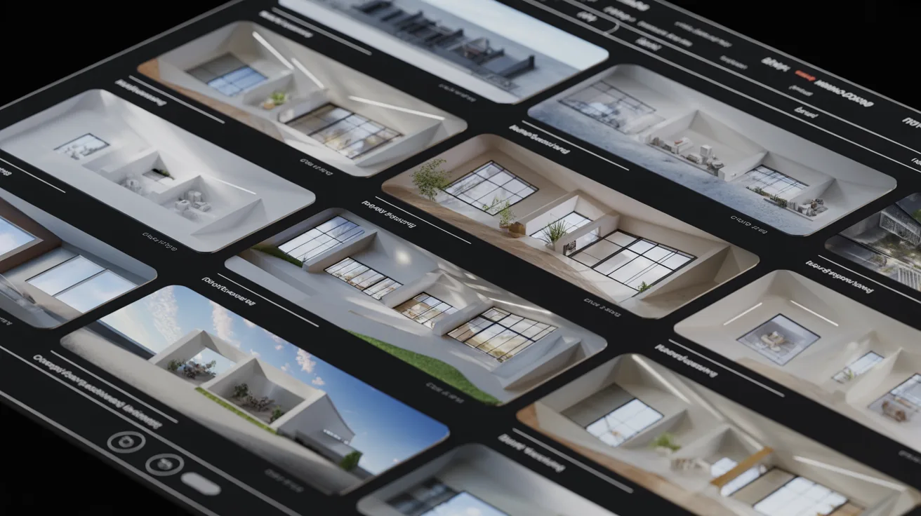 Close-up of a 3D rendering portfolio showcasing diverse building types
