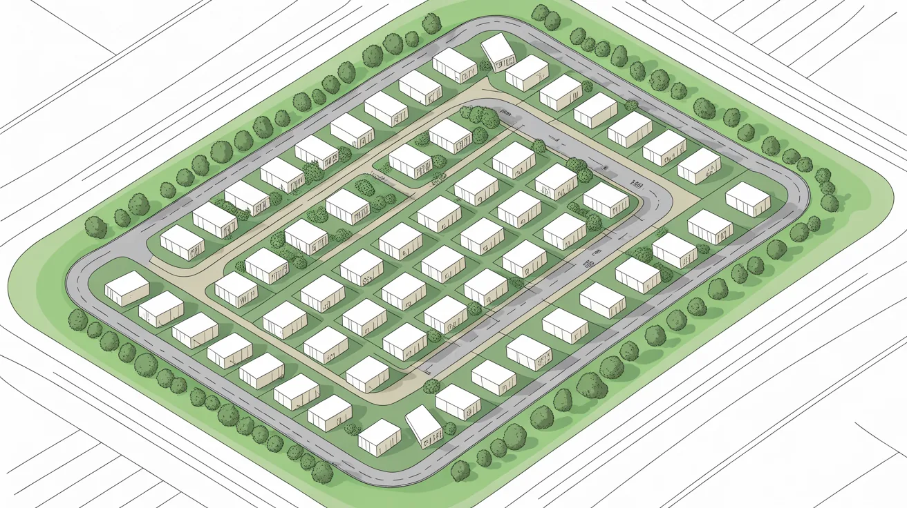 AI-generated site plan drawing displaying organized buildings and landscape.