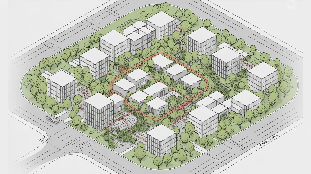 Complex site layout illustrating challenges of site scale and regulations.