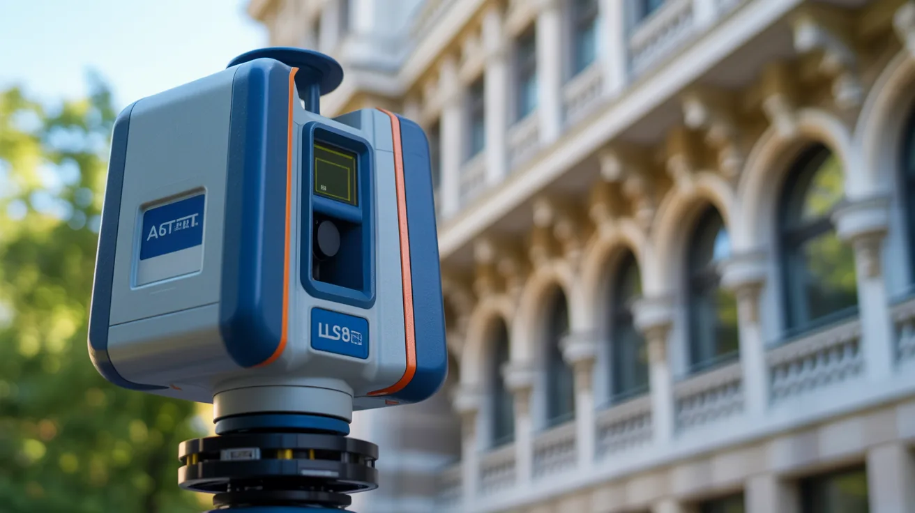 Laser scanning device capturing a building facade for digital twin modeling.