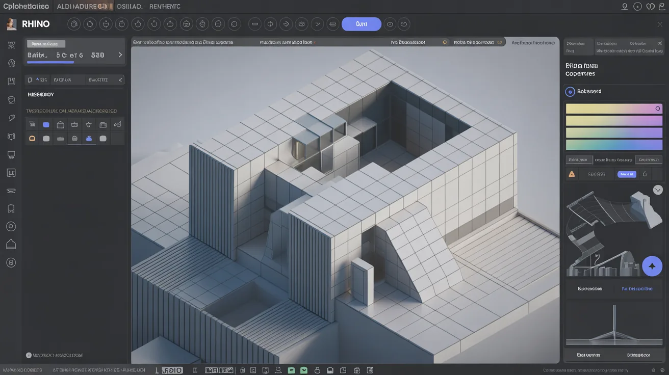 Rhino Render interface displaying rendering capabilities and architectural model