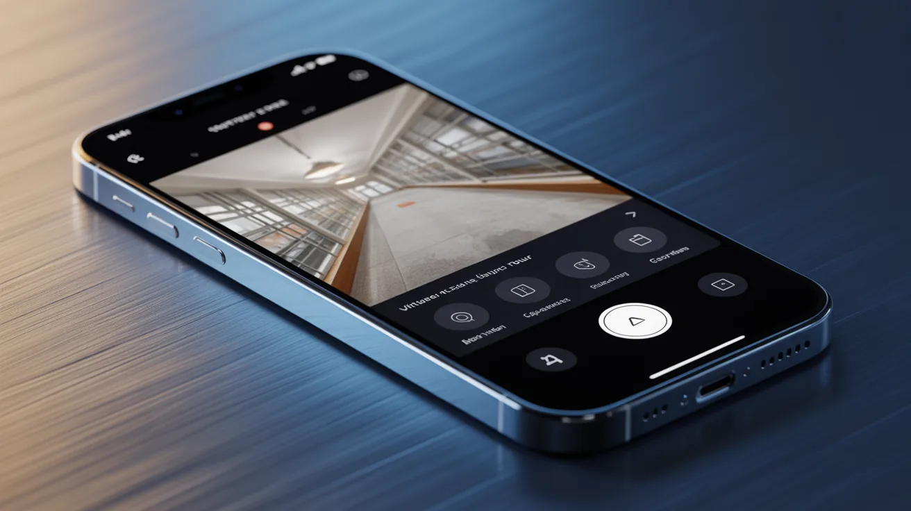 Smartphone displaying a virtual tour app interface for capturing tours