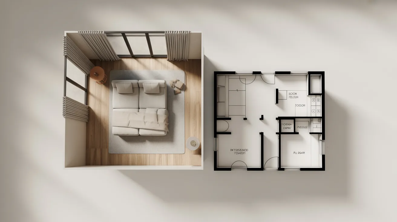 Combined virtual tour and floor plan layout showcasing an immersive space