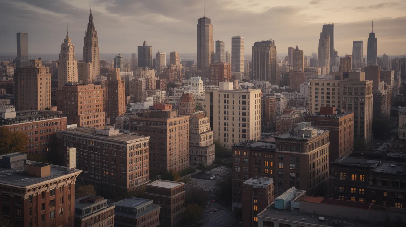 Diverse cityscape at dusk illustrating various architectural styles using Midjourney