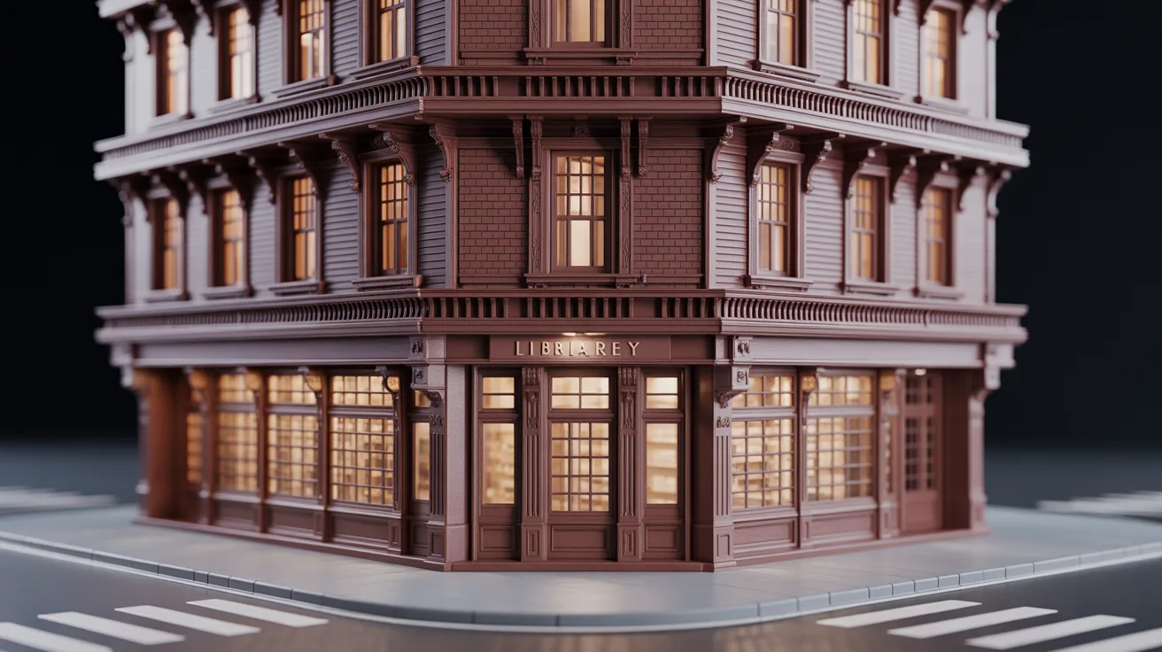 Close-up of a three storey library model viewed from the street corner in Midjourney