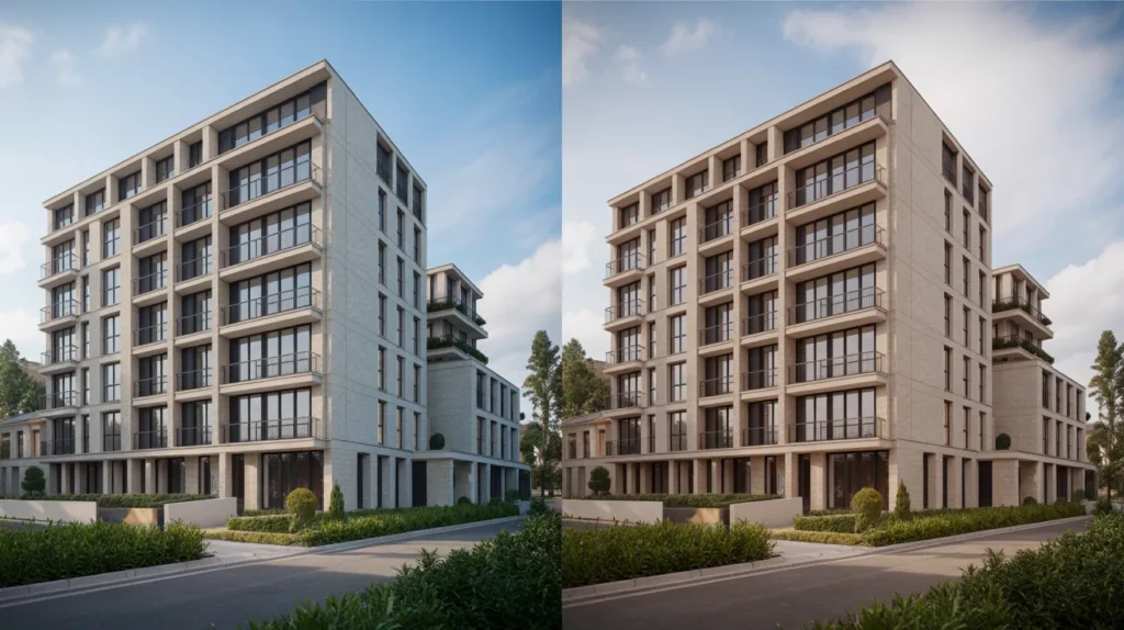 Comparison of a render and a photograph of a residential building