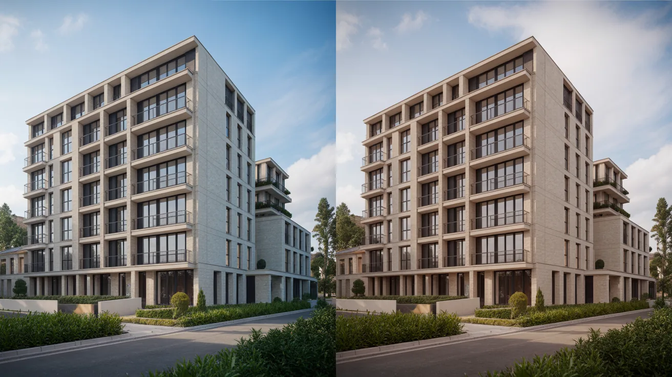 Comparison of a render and a photograph of a residential building