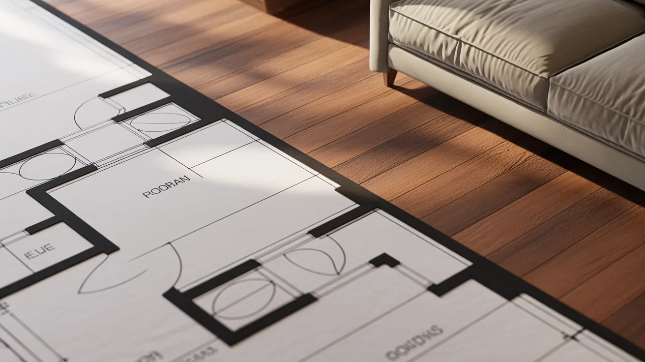 Rendered floor plan section with sofa and timber flooring showcasing recognition over convention