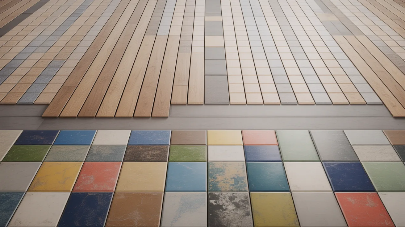 Textured flooring in a rendered floor plan with realistic timber and tile materials