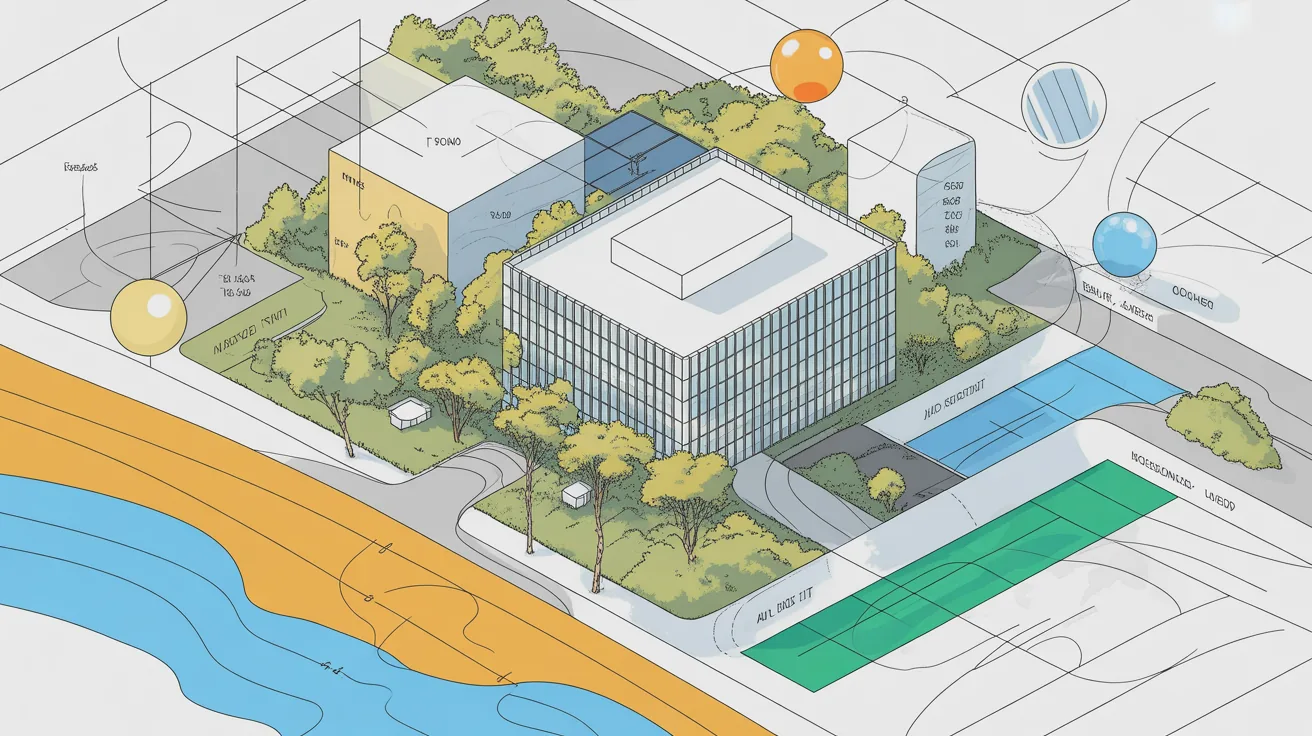 A synthesis drawing illustrating optimal building placement and orientation from analysis