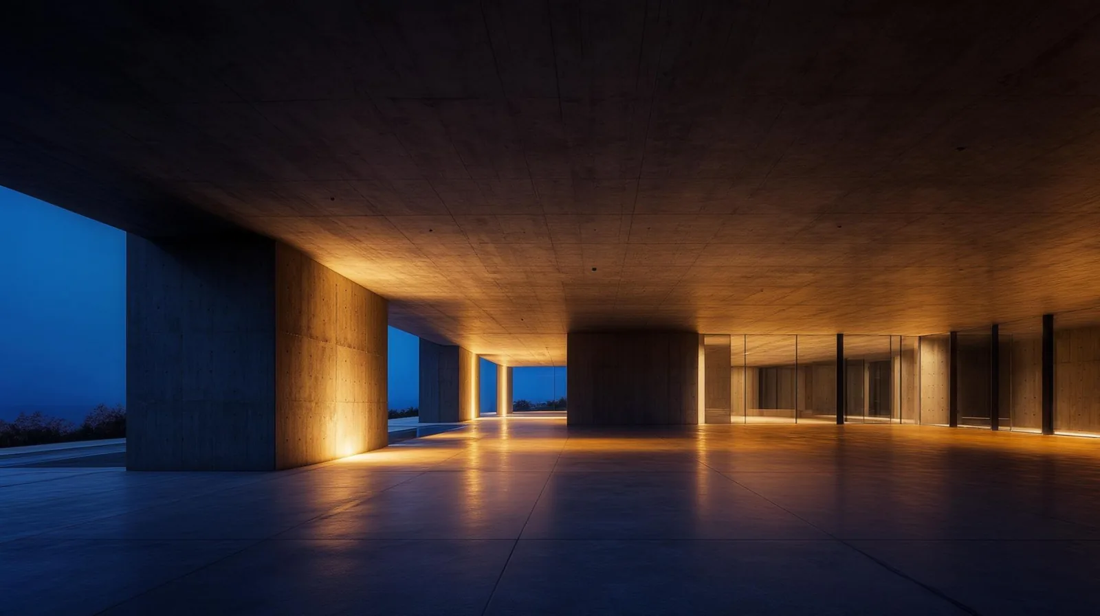 Finished concrete interior lit at dusk, the kind of client visual an AutoCAD user has to produce outside the application