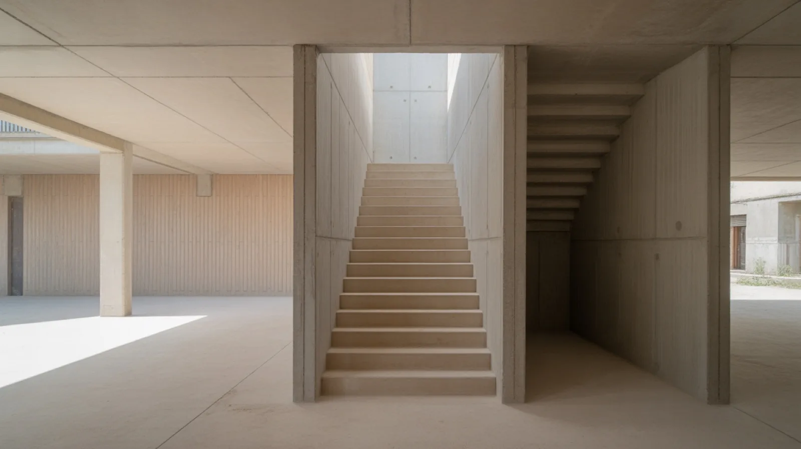 Board-marked concrete stair core lit from a high opening, showing the material and light an image-based AI renderer has to invent from an AutoCAD export