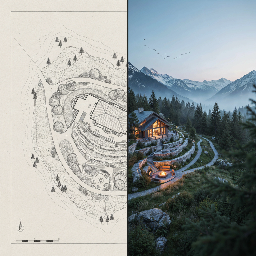 Archfine Site Plan To Render Mountain Resort - Site Plan