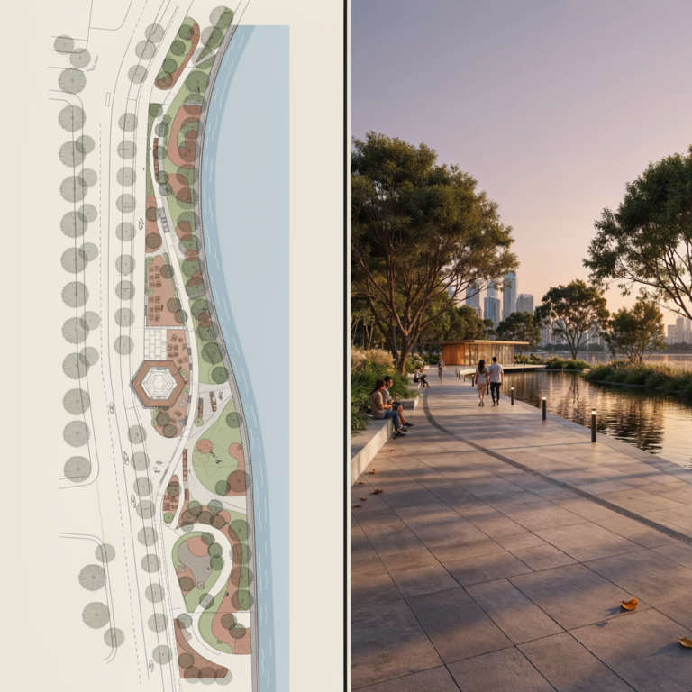 Archfine Site Plan To Render Waterfront Promenade - Site Plan