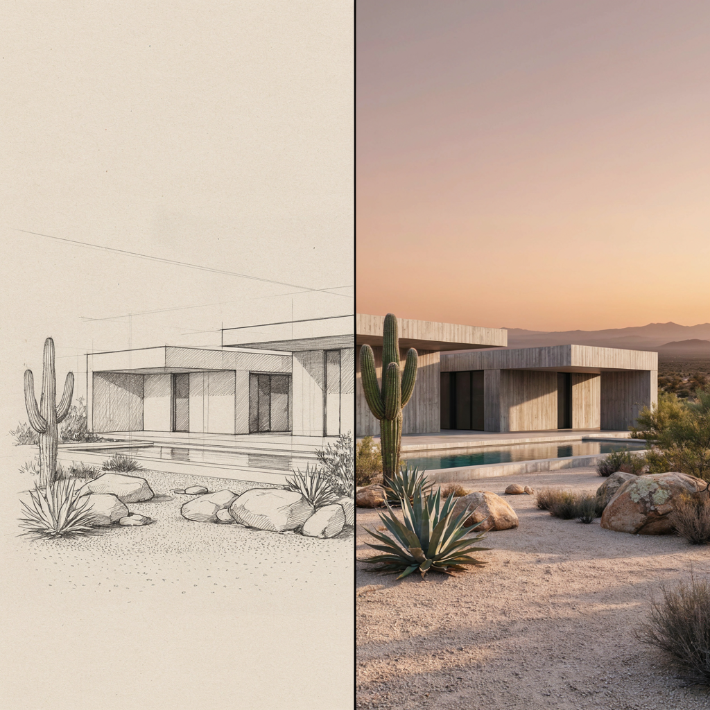 Archfine Sketch To Render Desert Residence - Sketch to Render