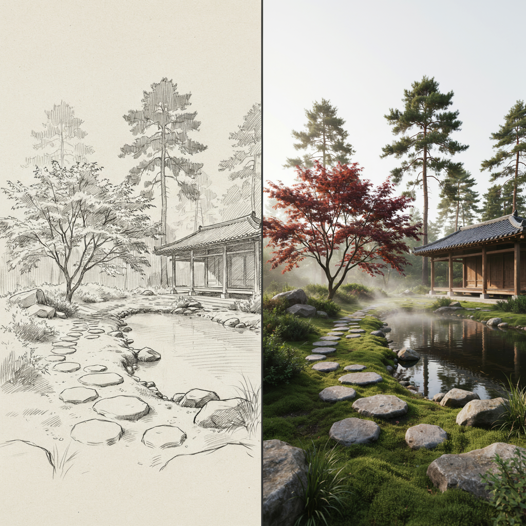 Archfine Sketch To Render Japanese Garden - Sketch to Render