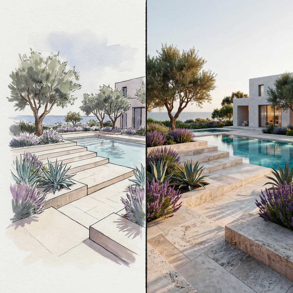 Archfine Sketch To Render Mediterranean Coastal Garden - Sketch to Render