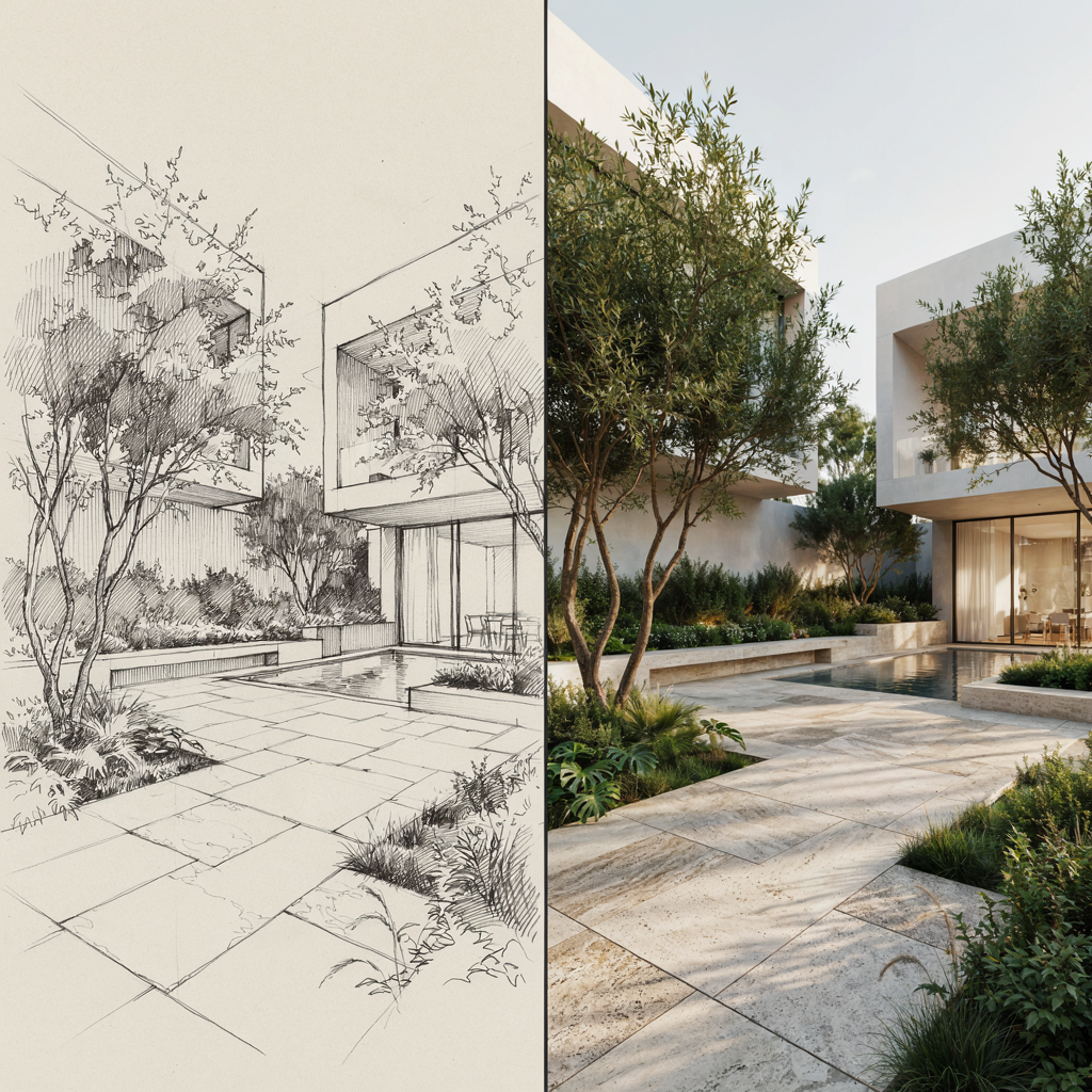 Archfine Sketch To Render Residential Courtyard - Sketch to Render
