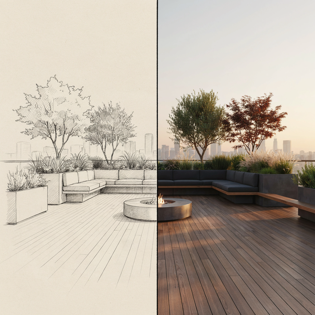 Archfine Sketch To Render Rooftop Garden - Sketch to Render