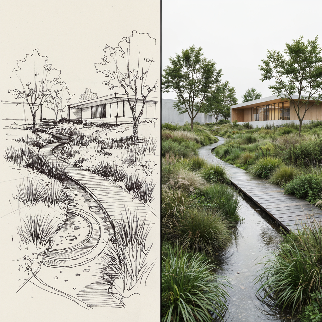 Archfine Sketch To Render Sustainable Rain Garden - Sketch to Render