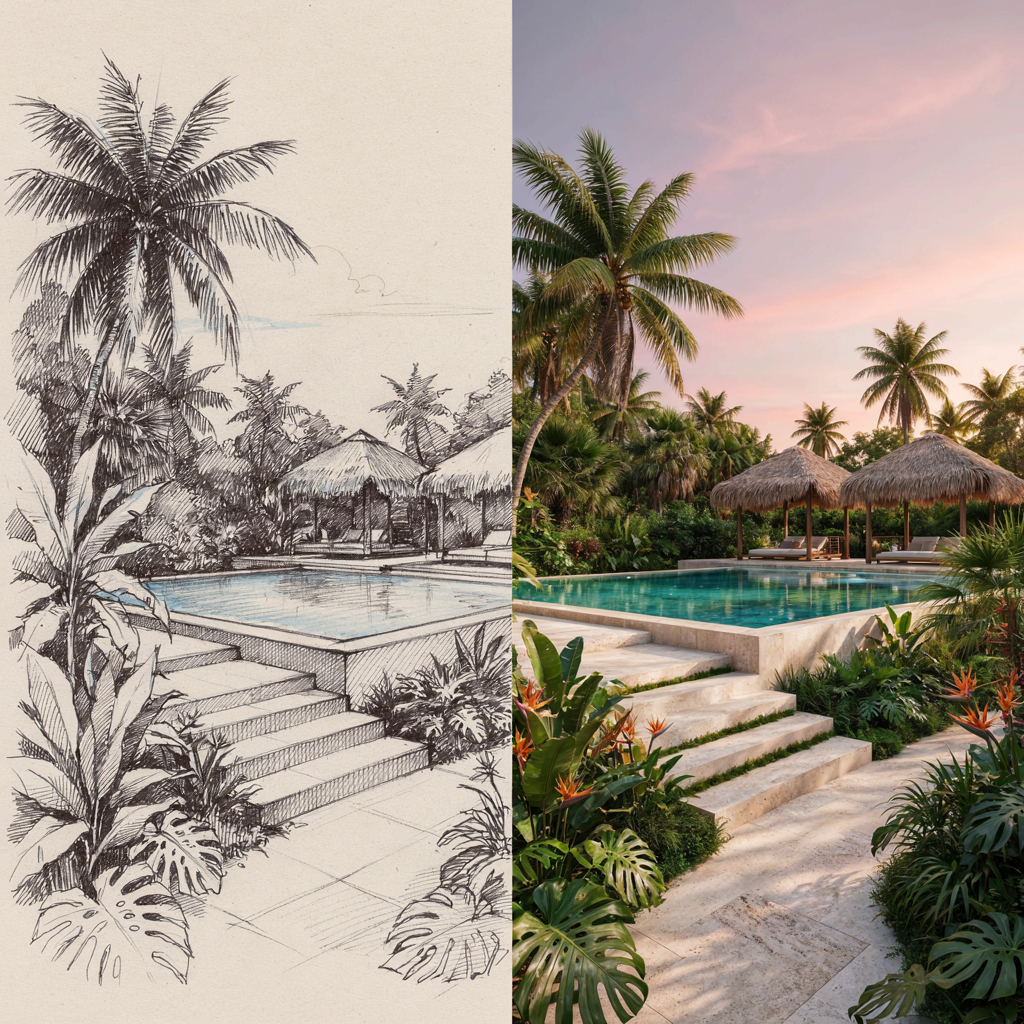 Archfine Sketch To Render Tropical Resort - Sketch to Render