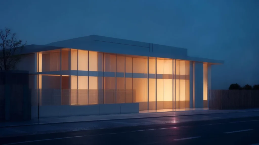 Contemporary building exterior glowing at dusk, the presentation image most AutoCAD to 3D model requests are actually asking for