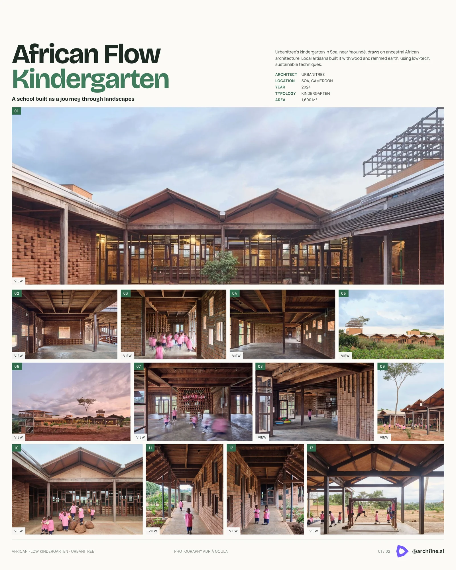 Presentation board of African Flow Kindergarten by Urbanitree in Cameroon, built with timber, brick and local materials