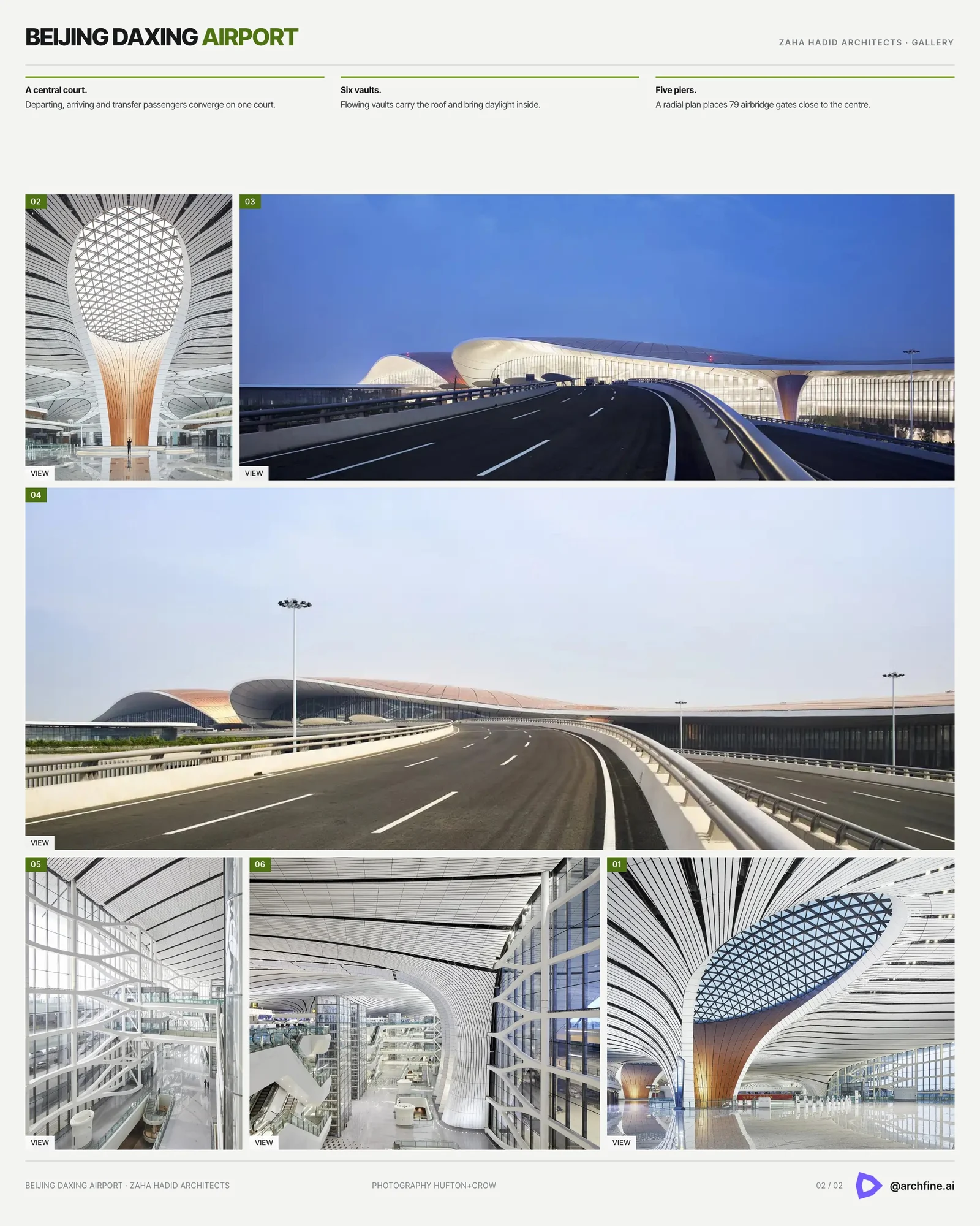 Second board sheet for Beijing Daxing Airport by Zaha Hadid Architects, laying out the curved columns, skylights and approach