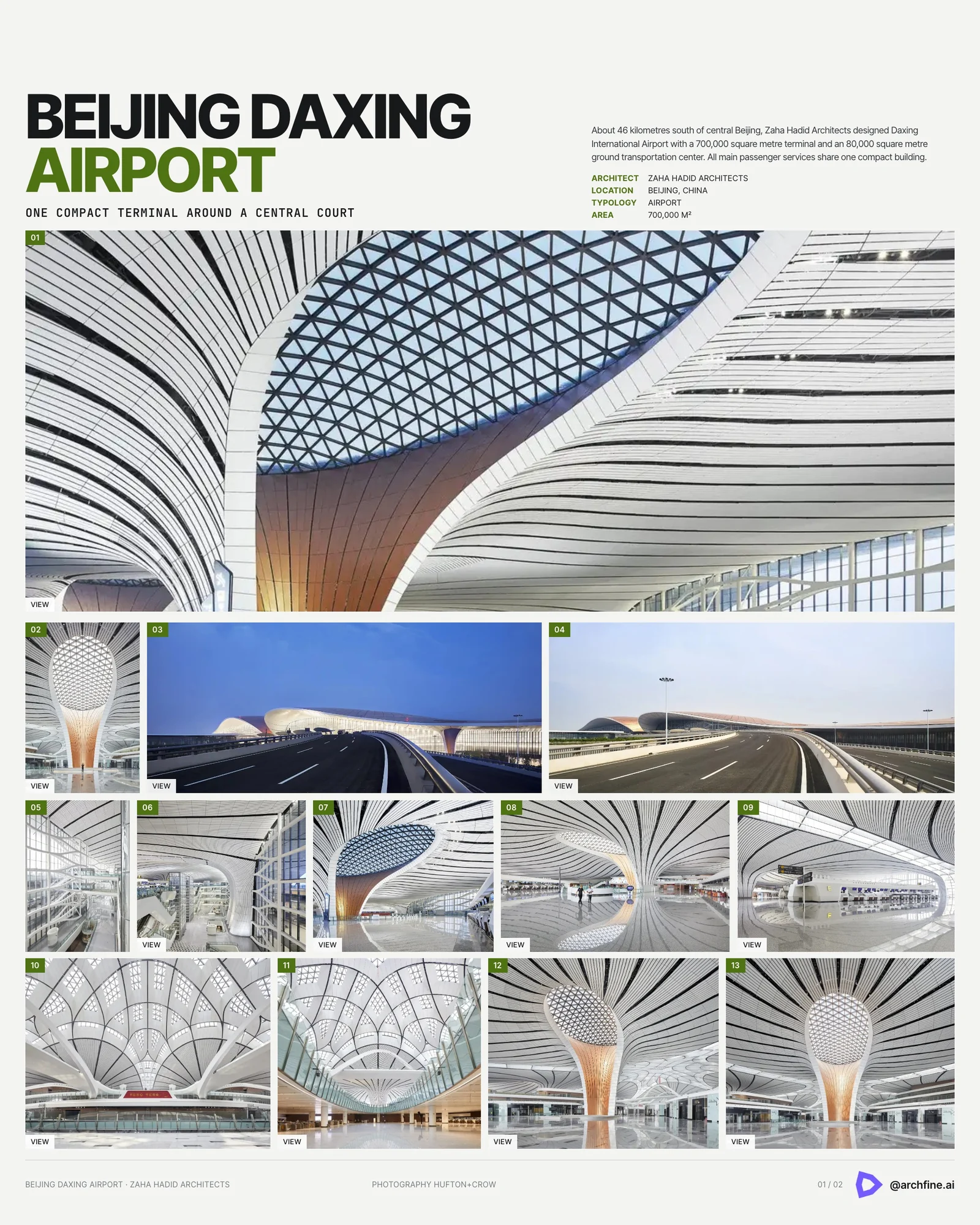 Presentation board of Beijing Daxing International Airport by Zaha Hadid Architects, with the flowing roof and central court