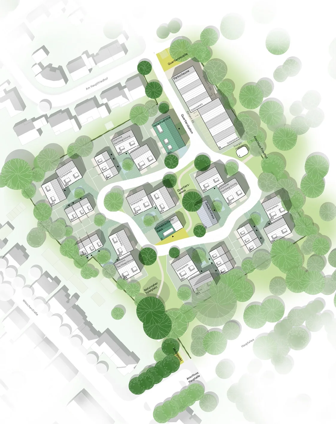 Illustrative watercolor aerial site plan of a housing cluster set among mature trees