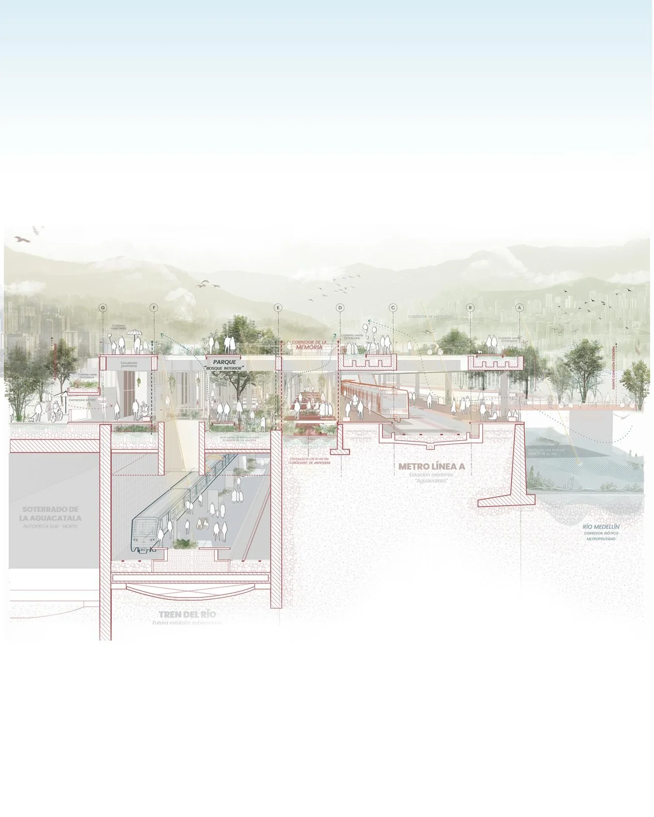 Perspective cross section of the metro station from another angle with mountains behind, drawn over a photograph
