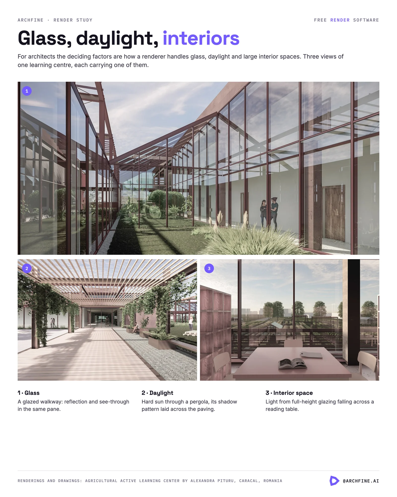 Three renderings of a learning centre in Romania showing glazing, daylight through a pergola and a daylit interior