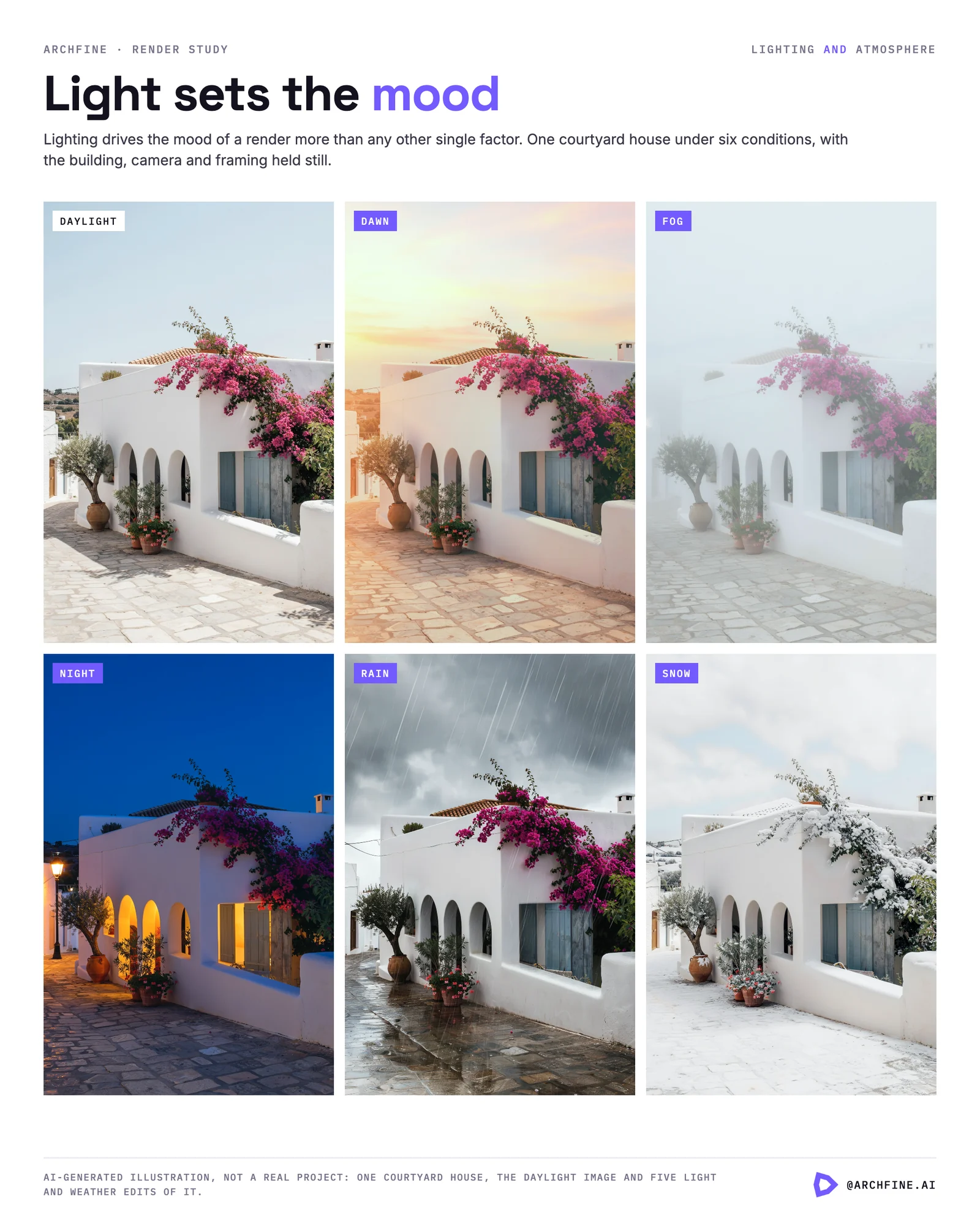 One whitewashed courtyard house shown in daylight, dawn, fog, night, rain and snow with the same camera