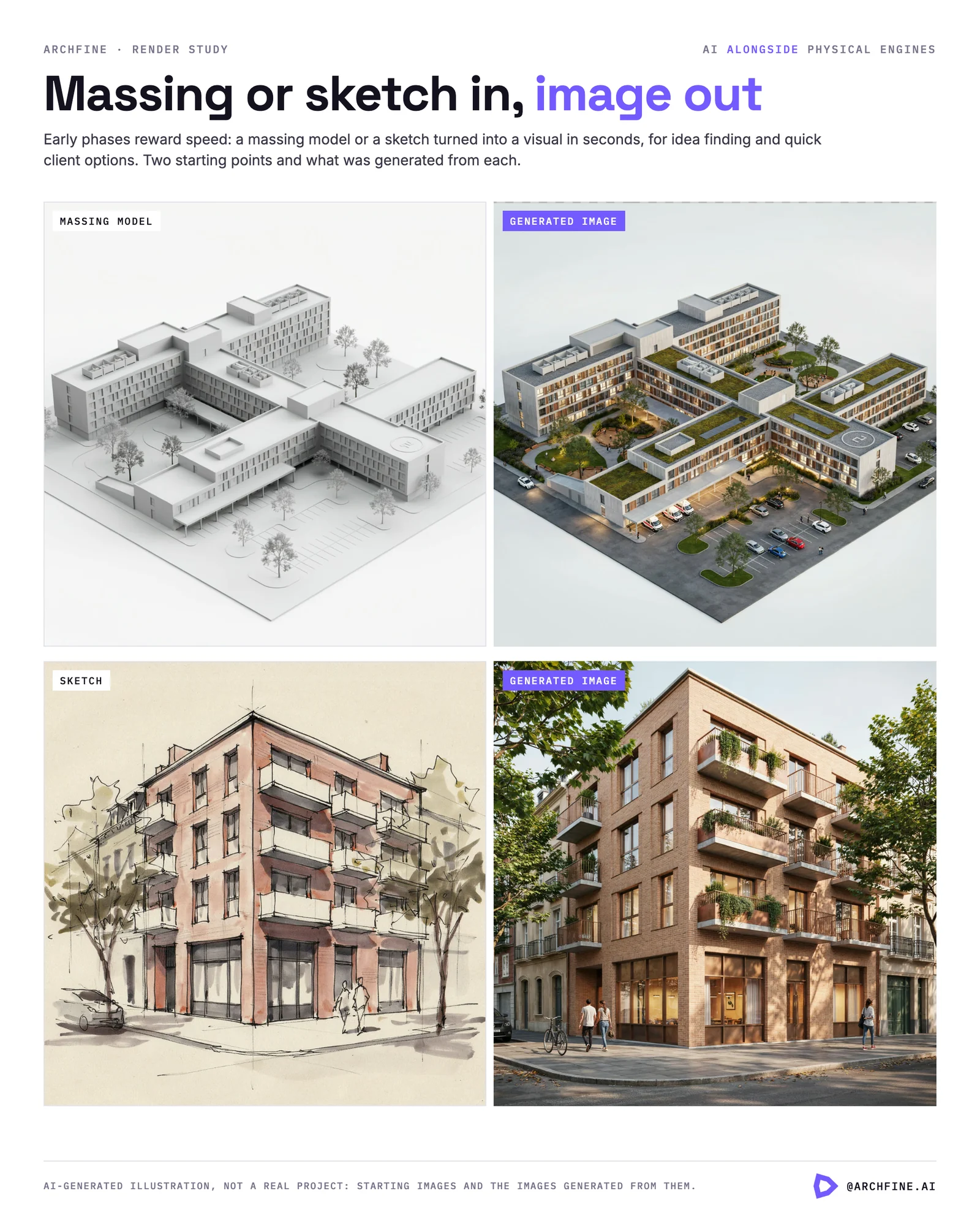 A white massing model and a watercolour sketch, each beside the image generated from it