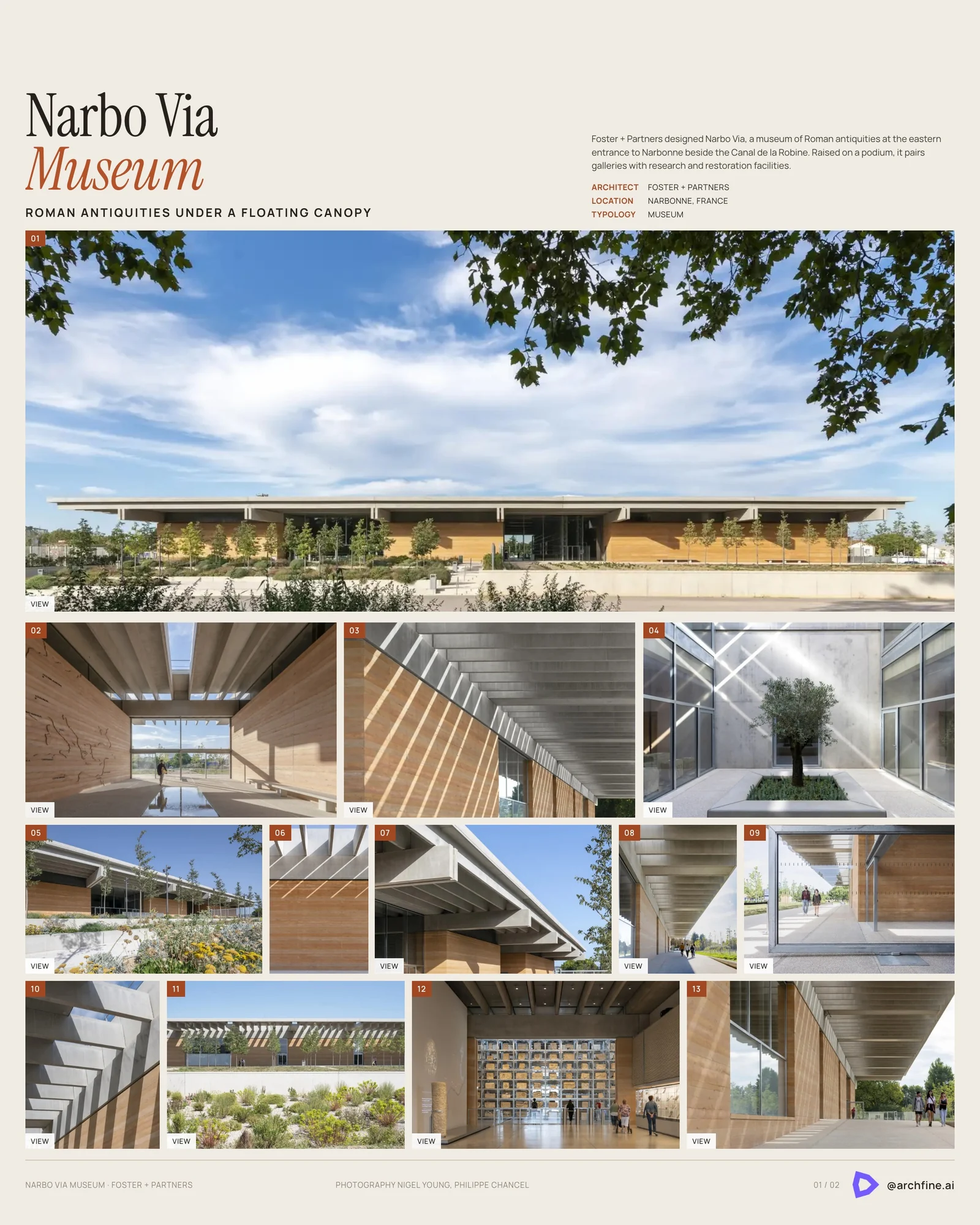Presentation board of Narbo Via Museum by Foster + Partners in Narbonne, showing the floating canopy and the Roman stone wall