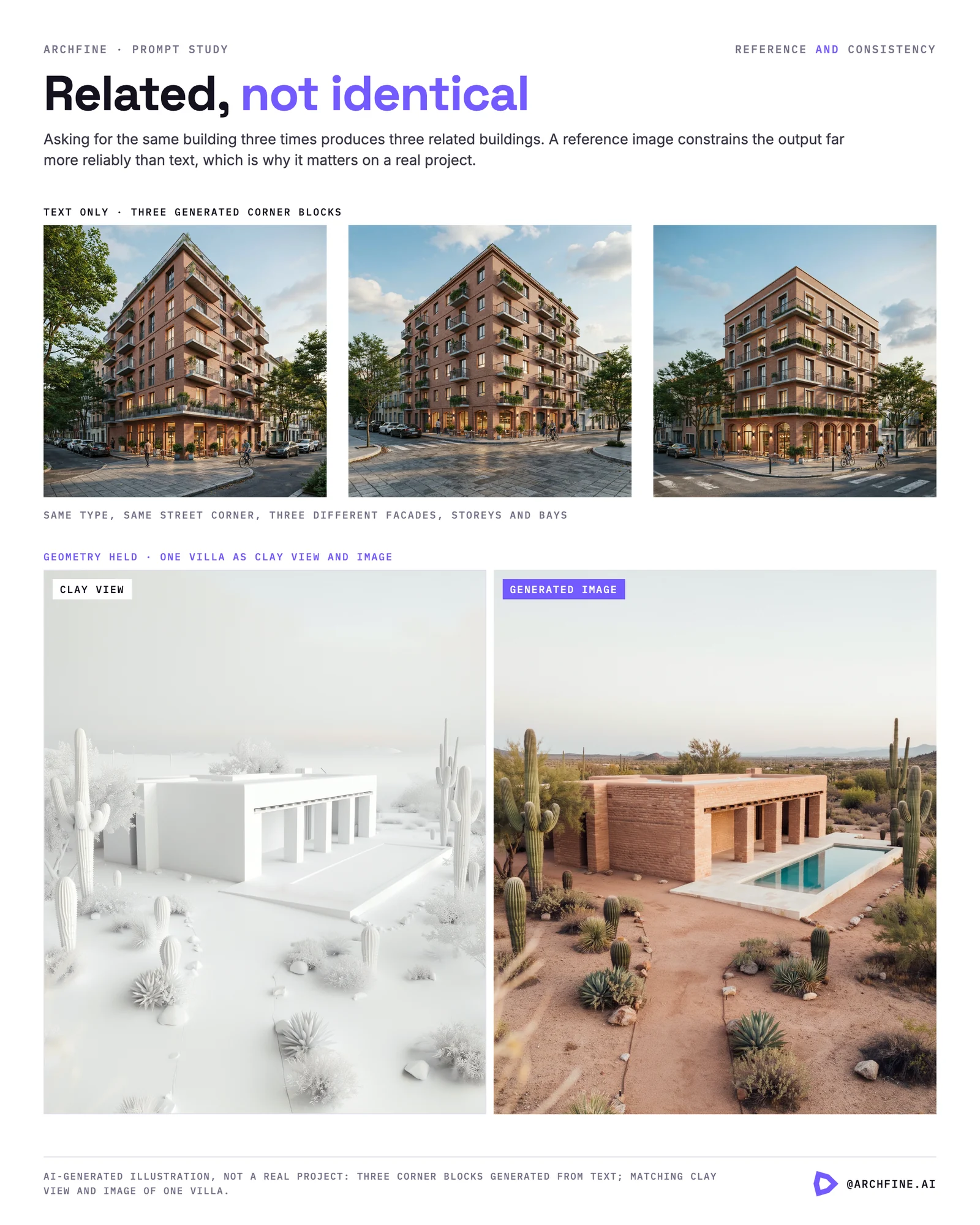 Three related corner blocks generated from text, above a desert villa shown as a clay view and a generated image