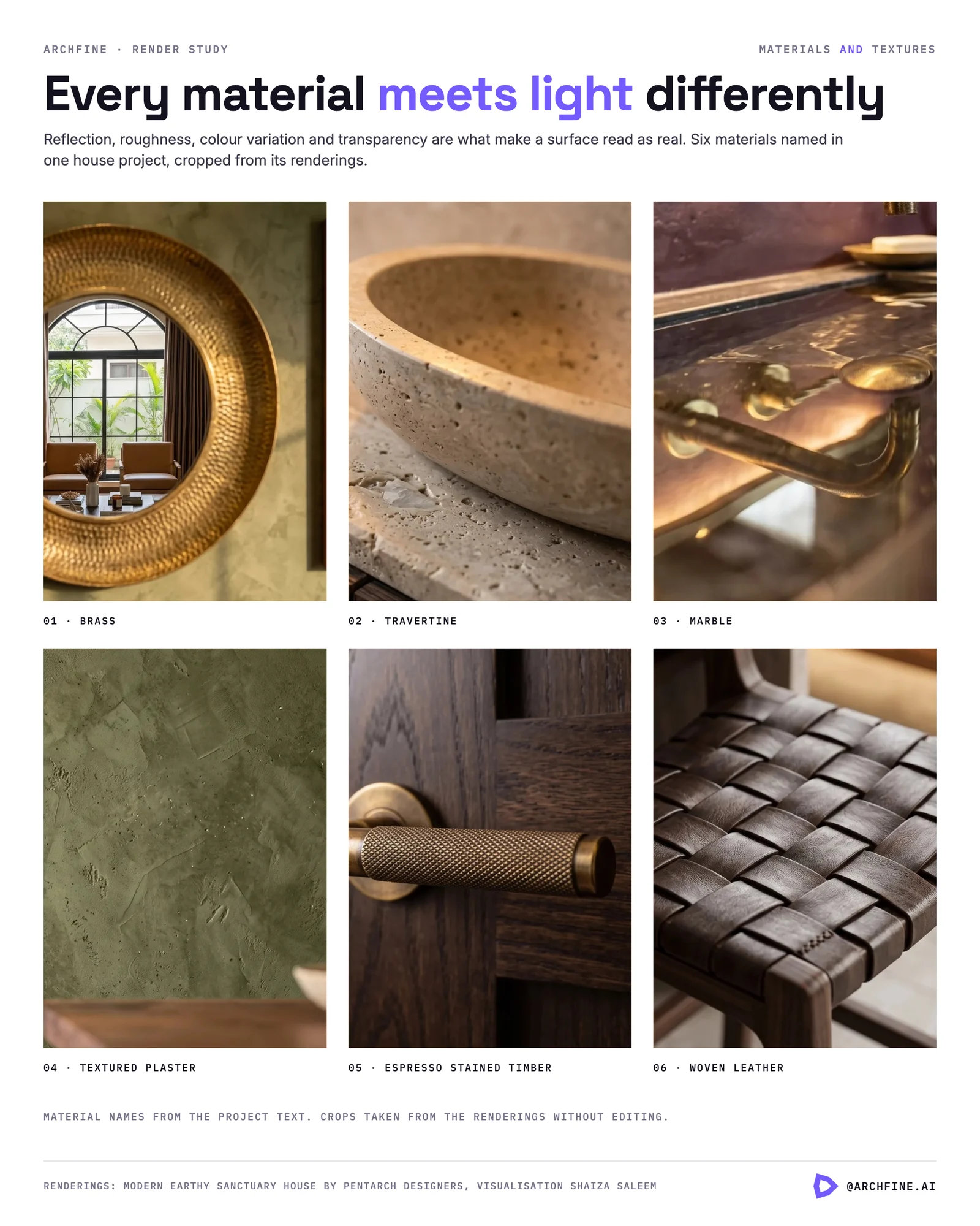 Six material crops from house renderings: brass, travertine, marble, textured plaster, stained timber and woven leather