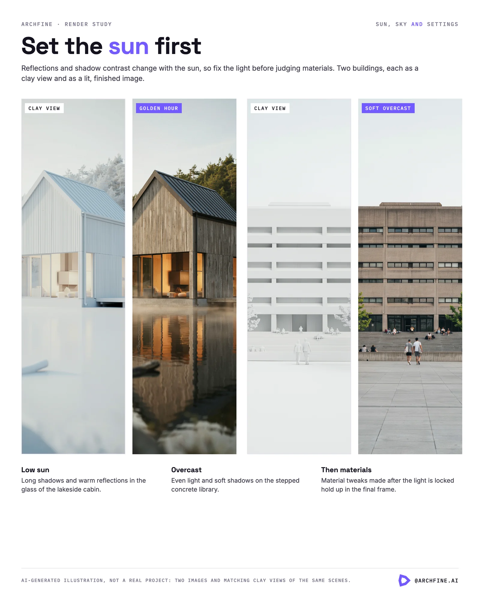 A lakeside cabin and a concrete library, each as a clay view and as a lit image at golden hour or soft overcast