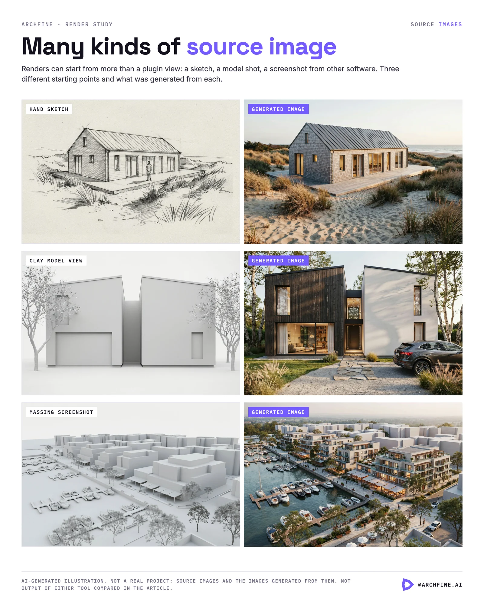 A hand sketch, a clay model view and a massing screenshot, each beside the image generated from it