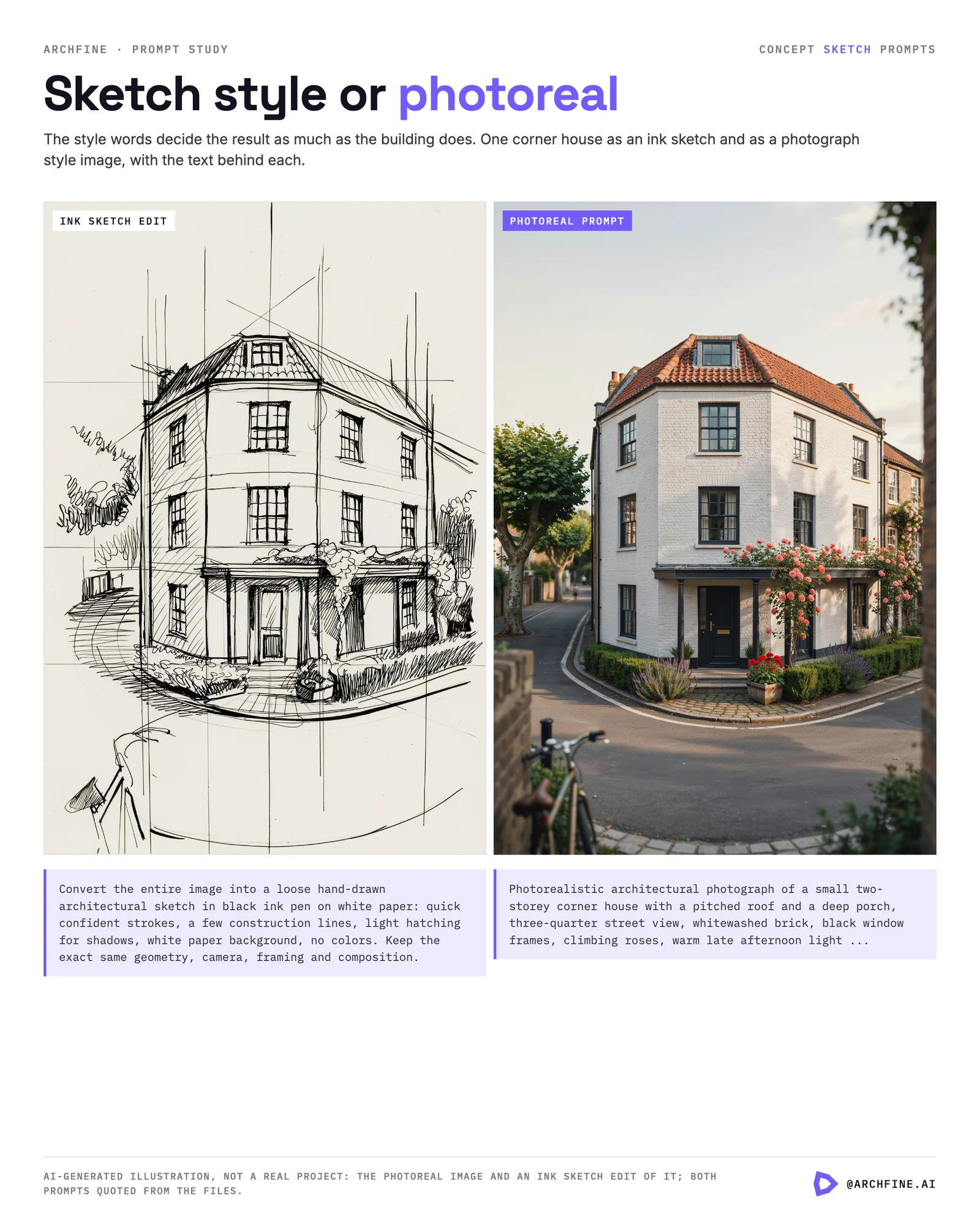 A corner house as a loose ink sketch and as a photoreal image, each printed with the prompt text behind it