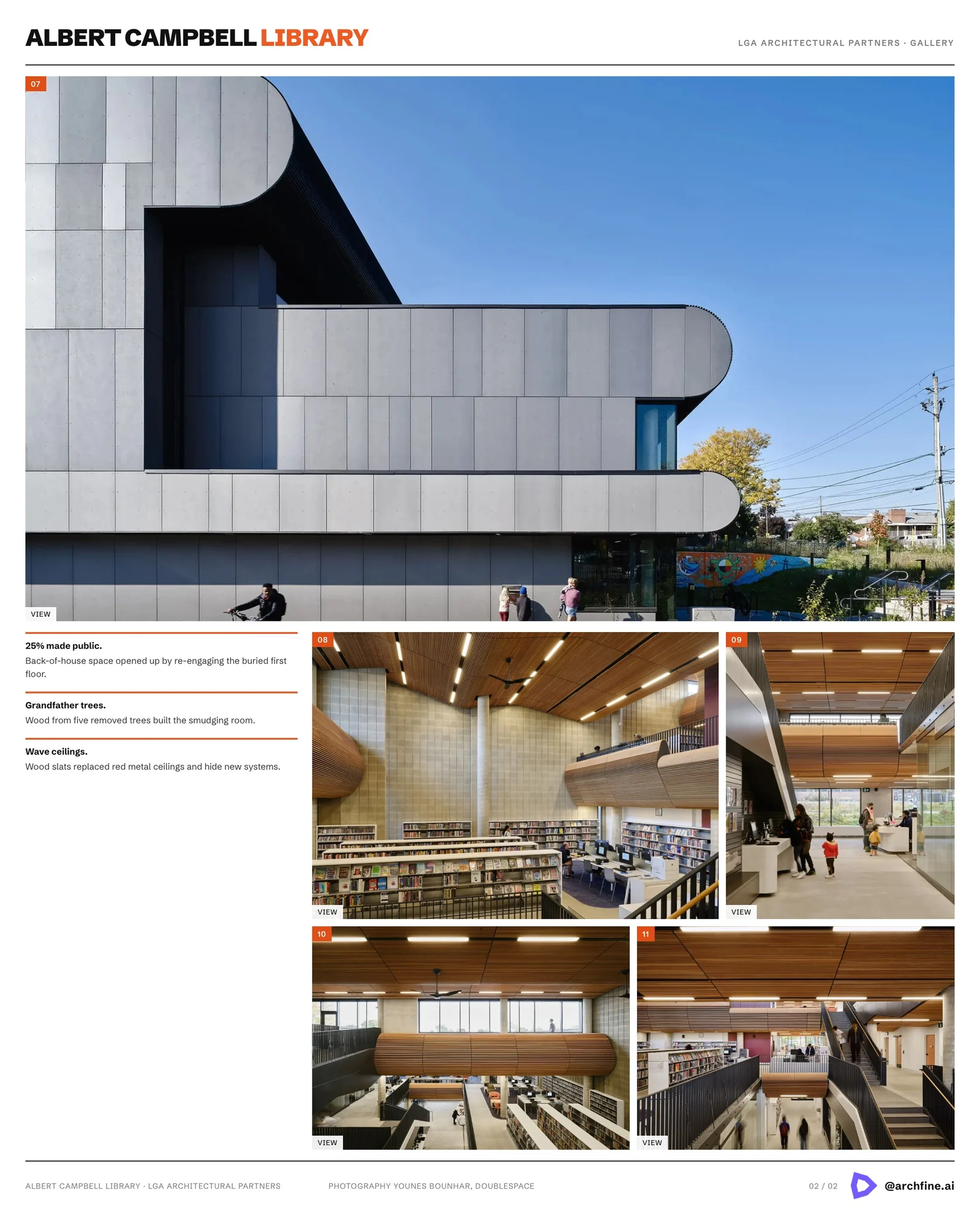 Second board sheet for Albert Campbell Library by LGA, showing the cantilevered upper floor and the new reading rooms