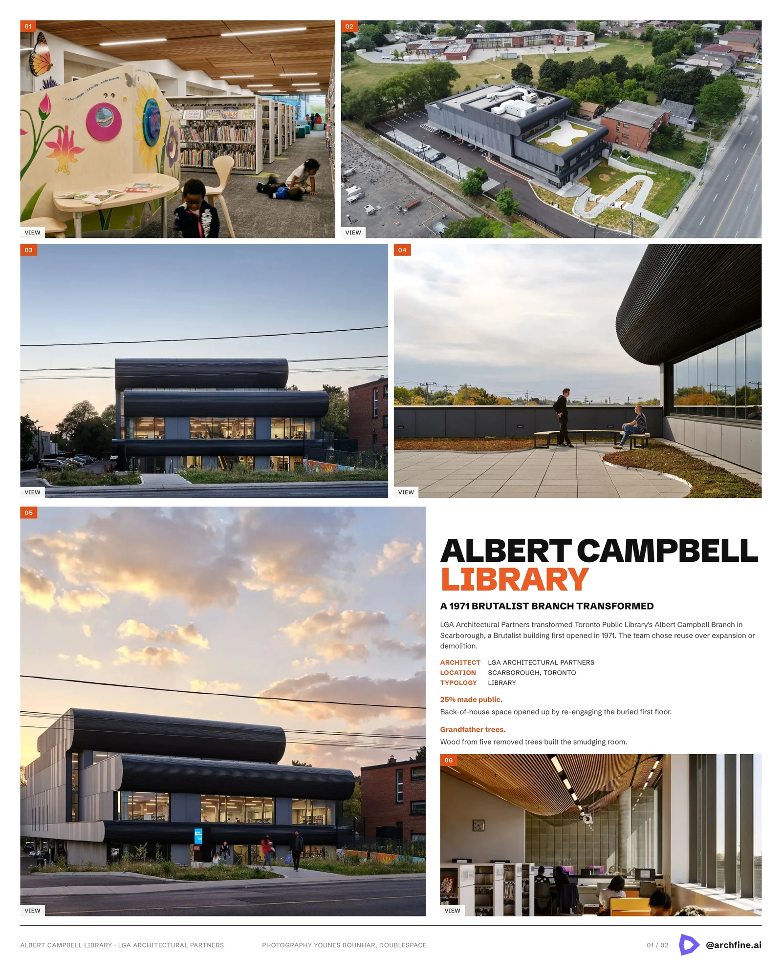 Presentation board of Albert Campbell Library by LGA Architectural Partners, a 1971 Brutalist branch in Toronto transformed